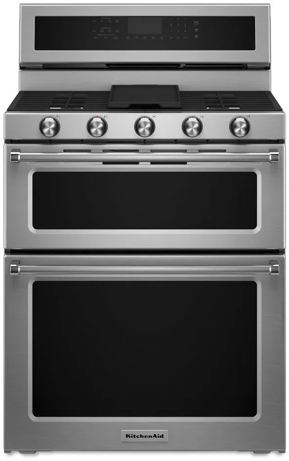 KitchenAid Front view of KitchenAid KFGD500ESS 30-inch double oven gas range