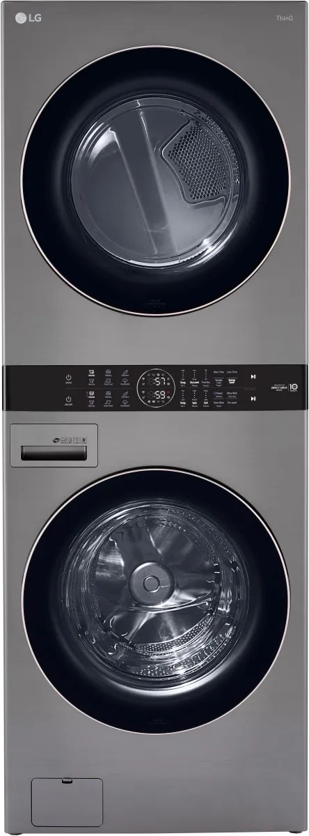 Credit: LG Woman using stackable LG washer and dryer