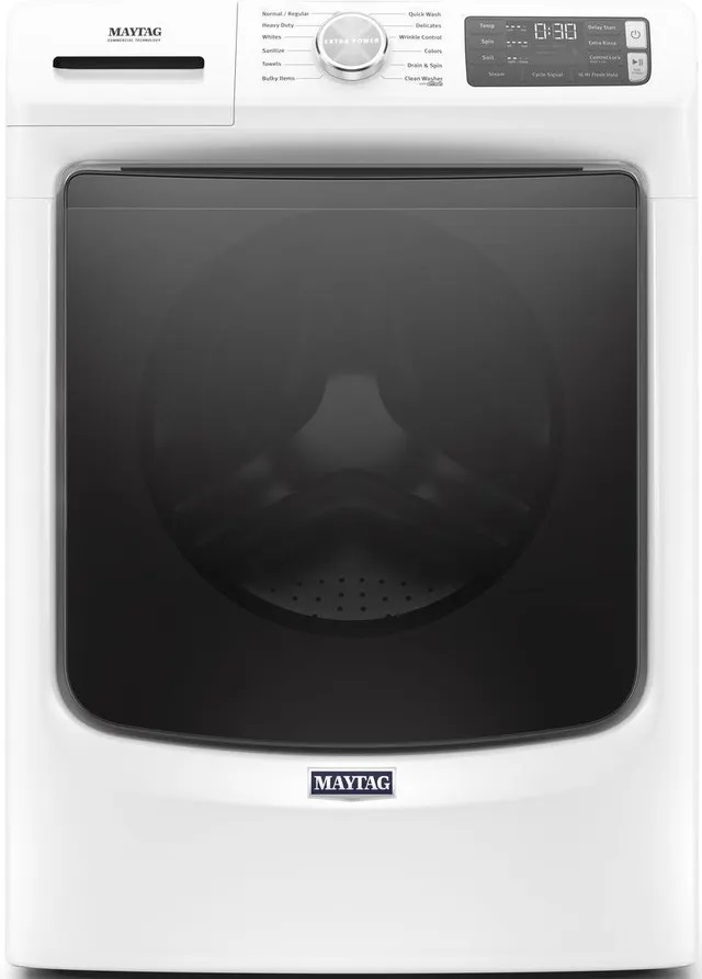 Front view of Maytag MHW6630HW white front load washer 