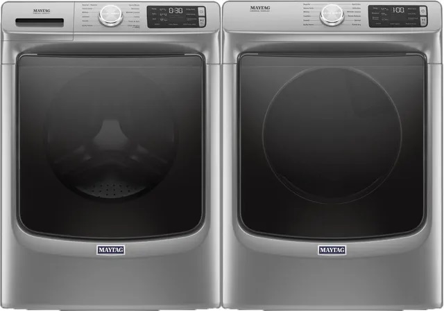 Credit: Maytag Front view of Maytag front load washer and dryer pair
