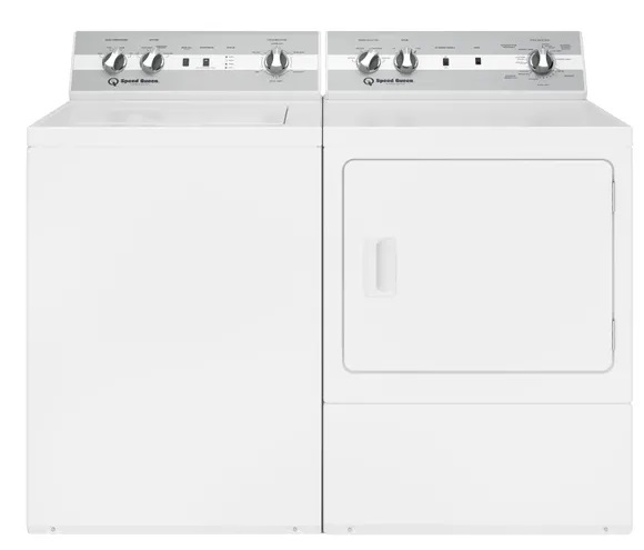 Credit: Speed Queen Front view of Speed Queen top load washer and dryer pair