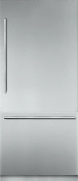 Stainless steel Thermador refrigerator with bottom freezer. 