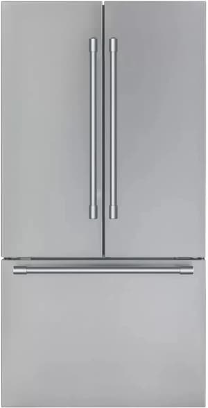 Stainless steel Thermador French door refrigerator with bottom freezer.