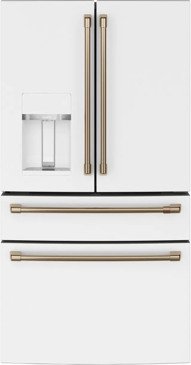Front view of the Café CVE28DP4NW2 4-door French door refrigerator in matte white 