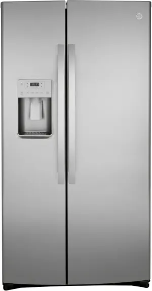 Front view of the GE GSS25IYNFS side-by-side refrigerator