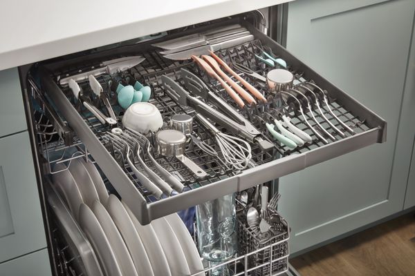 Overhead view of a Whirlpool third dishwasher rack