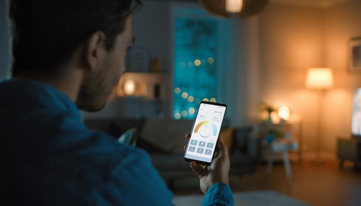 A man adjusting his lighting to warm ambient lighting for relaxing