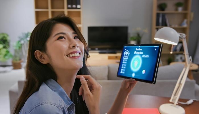 CI_Which-Smart-Devices-to-Buy_3.jpg Happy woman controlling home with smart device