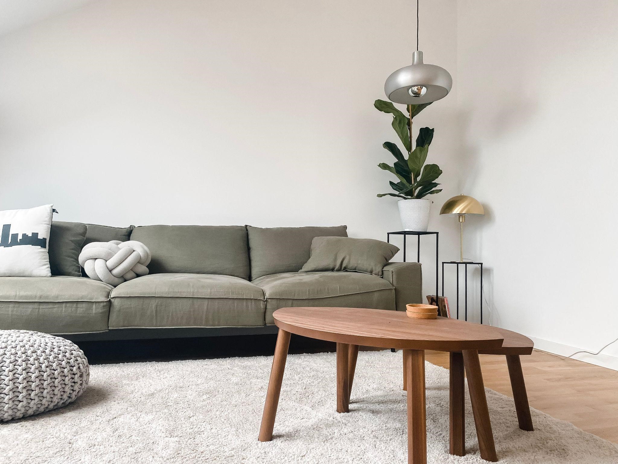 Side view of large area rug beneath green sofa and wooden coffee table