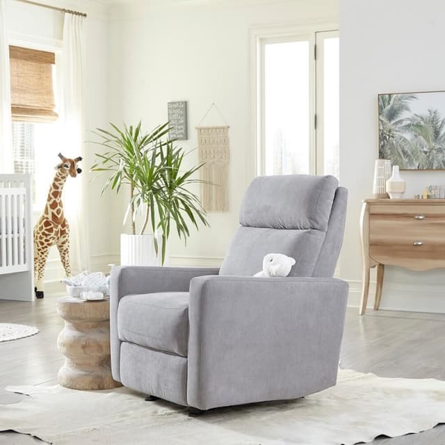 Gray-upholstered rocker recliner in a nursery 