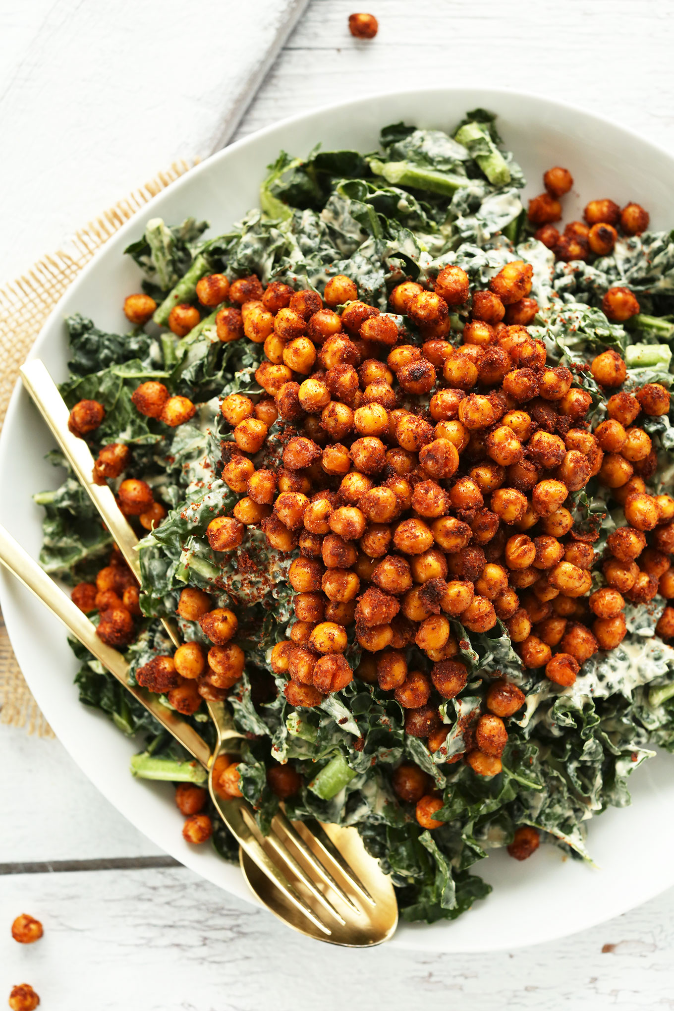 Credit Source: Minimalist Baker Overhead shot of crispy, garlicky chickpeas over a bed of kale