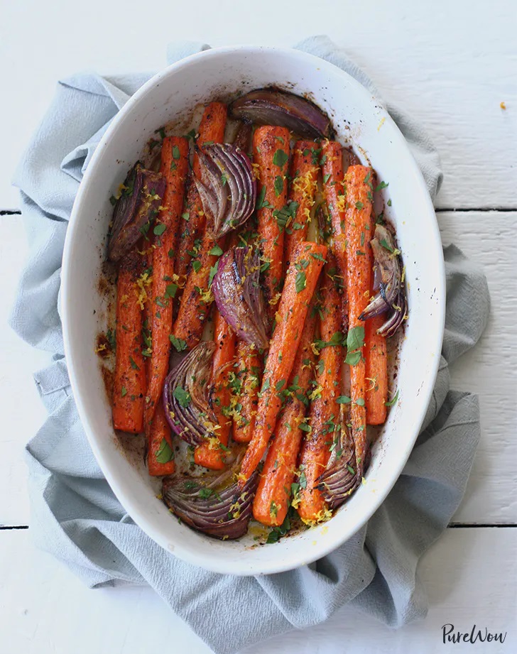 Credit Source: Pure Wow Overhead shot of casserole with roasted carrots and onions