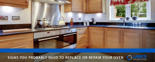 Kitchen image with maple cabinetry and a title on it that reads “SIGNS YOU PROBABLY NEED TO REPLACE OR REPAIR YOUR OVEN”