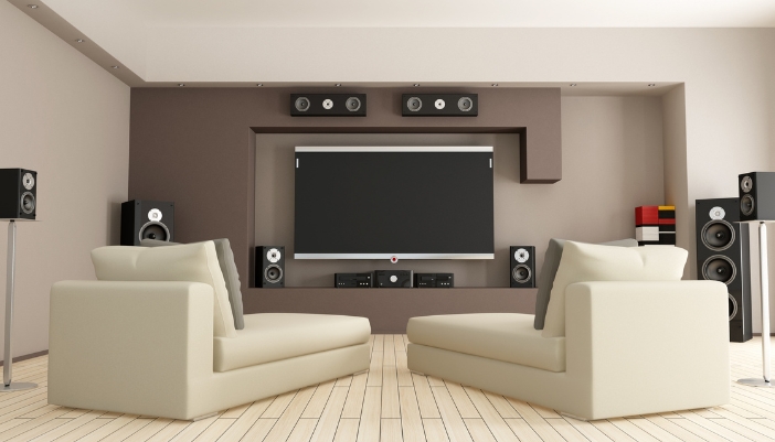 living room with surround sound speaker system