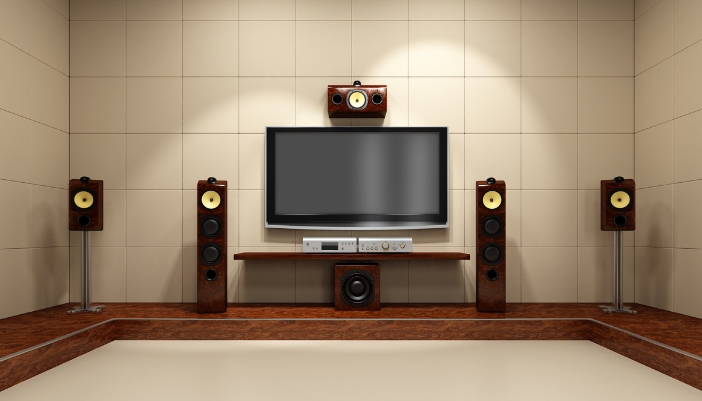 A calibrated home theater with soundproofing and calibrated speakers