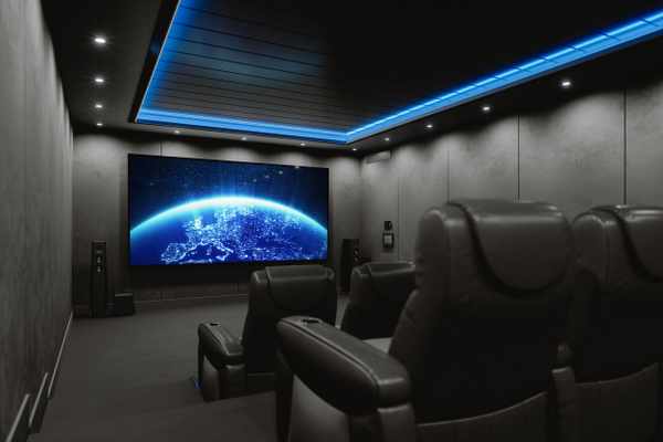 Home theater with blue ambient lighting