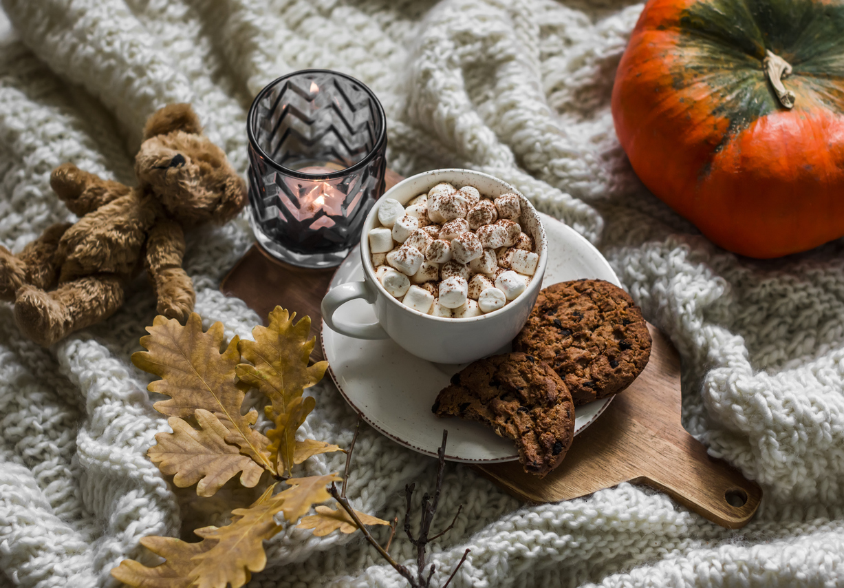 iStock Credit: OksanaKiian cocoa with marshmallow, chocolate cookies, yellow oak leaves, teddy bear, candle on a knitted blanket