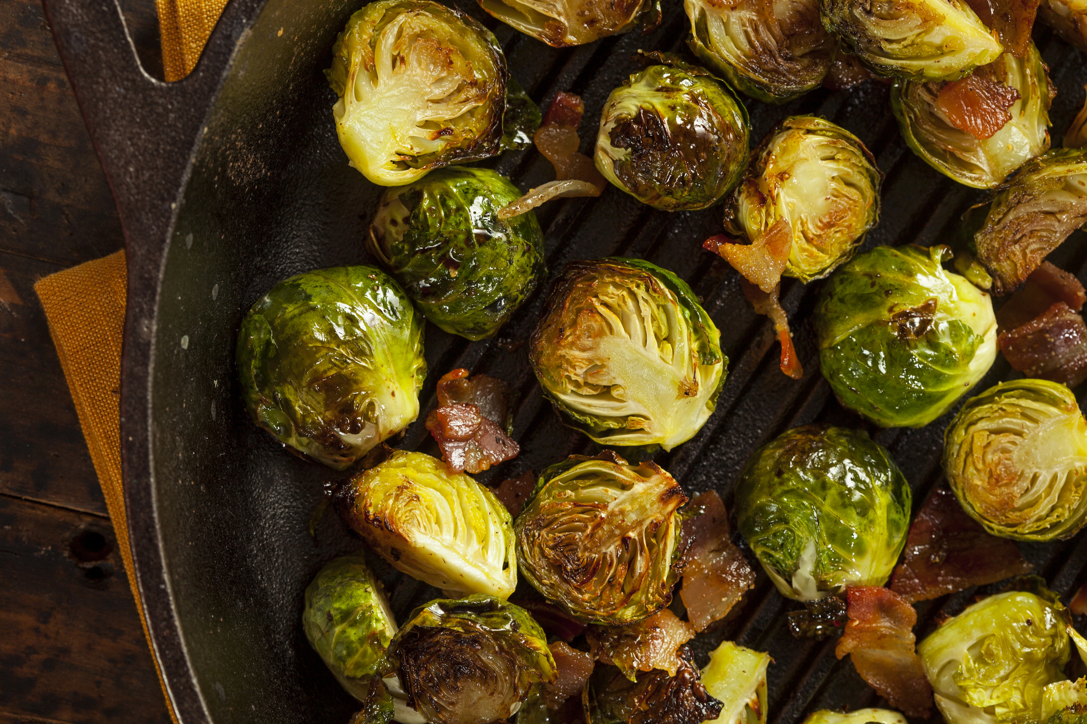 bhofack2 Brussel sprouts and bacon in a skillet