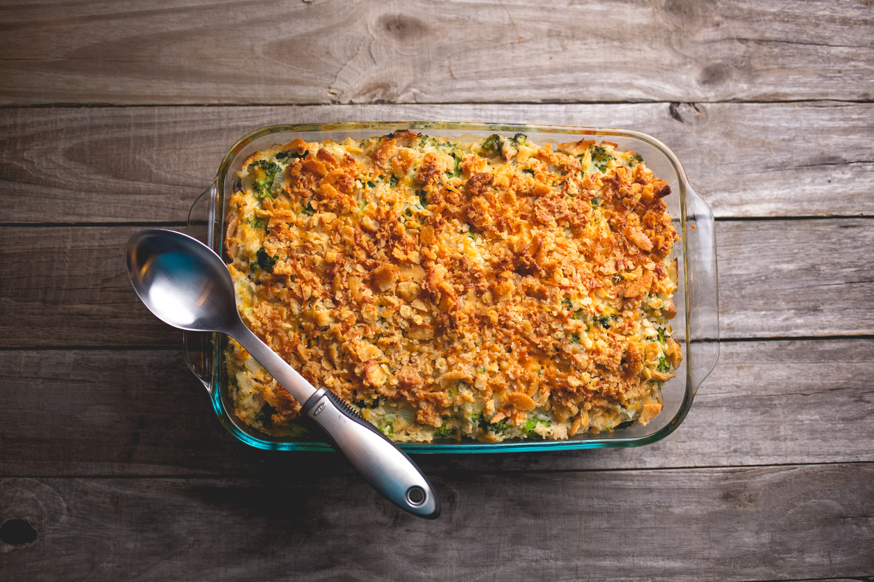 iStock Credit: John Hancock Photography turkey casserole with broccoli, rice, and crumbled crackers