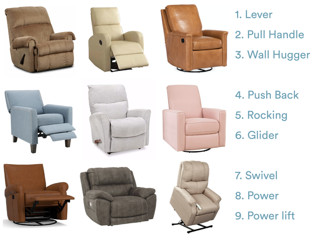 front view of a handful of recliner types listed out