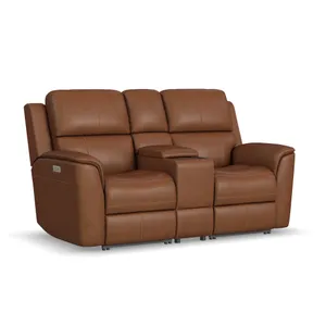 Front view of the Flexsteel Henrick recliner loveseat in Caramel 