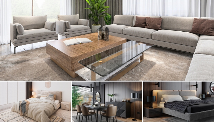 Furn_Furniture-Forecast_2.jpg Collage of living room, bedrooms, and a dining room using different texture and materials in their interior design