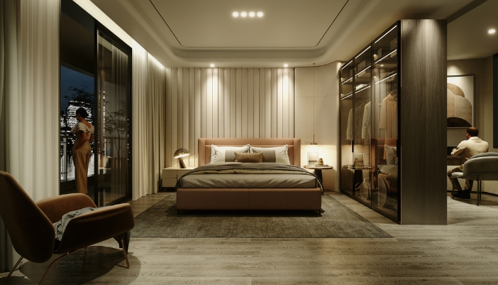 Furn_Two-Nightstands-Debate_2.jpg A bedroom with a nightstand and table design, with a couple that shares the bedroom