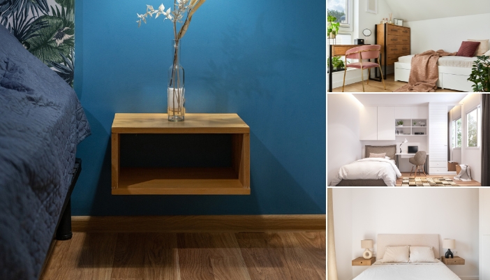 Furn_Two-Nightstands-Debate_3.jpg A collage of compact bedroom design styles, with floating shelves, desks, and more
