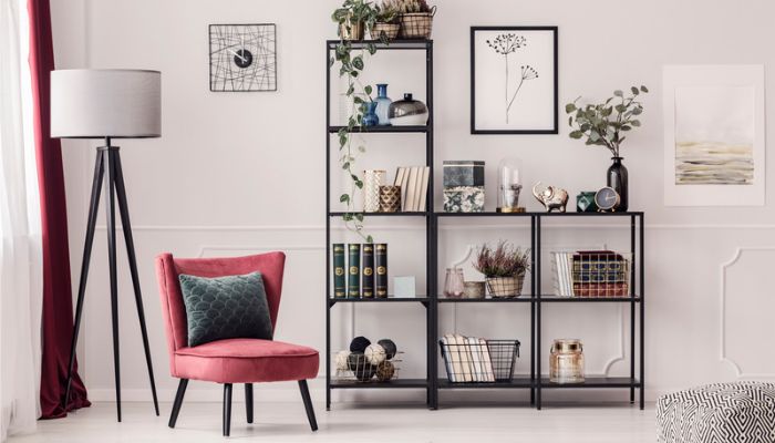 Minimalistic living room with bookshelves