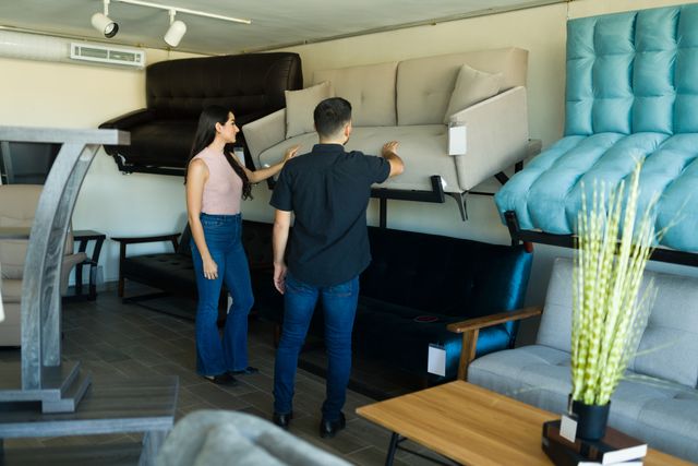 Front view of a couple shopping for a loveseat in a furniture store