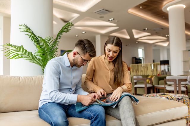 Front view of a couple shopping for a loveseat in a furniture store
