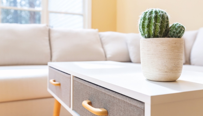 A brightly lit modern living room with a white coffee table with drawers.