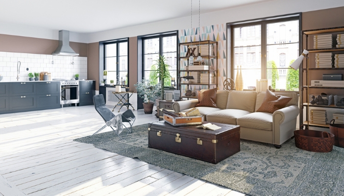 A modern living room with a trunk coffee table at the center.