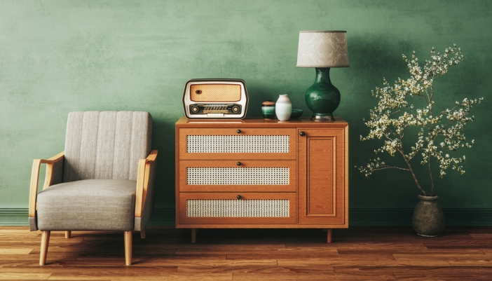  An antique cabinet in front of a green wall with other modern and antique accents.