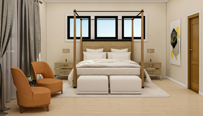 A modern bedroom with a natural wood bed and several side chairs.