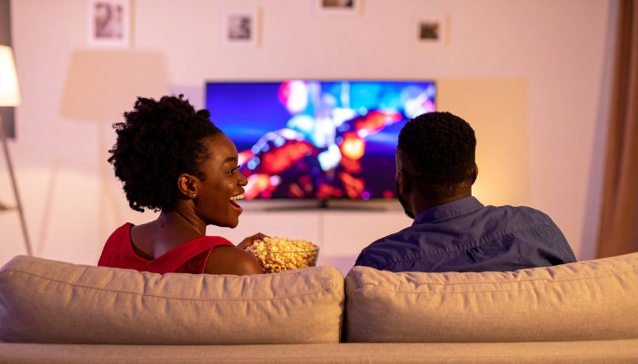 A couple shares a bowl of popcorn while watching a movie at home.