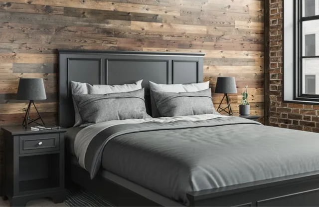front view of a transitional bedroom with a wooden wall and black wood panel bed frame