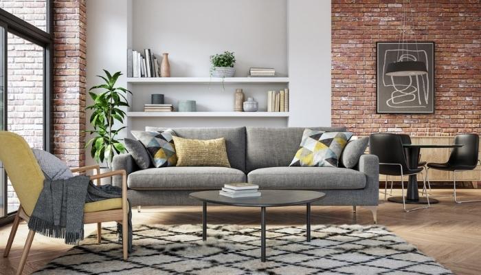 luxury livingroom with gray, yellow and wooden elements