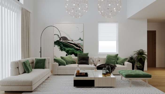 Beautiful living room with large wall art and floor lamp