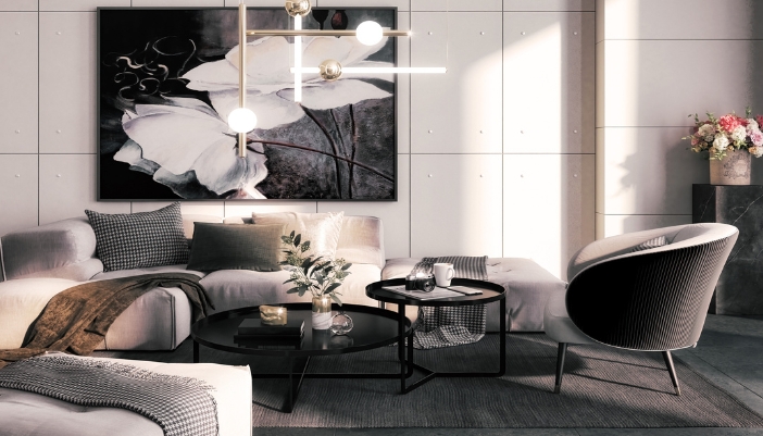 Living room with curved furniture, ambient lighting, and earthy tones
