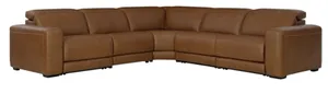 Front view of the Signature Design by Ashley Magic Man 5-piece power reclining sectional in Caramel