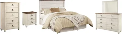 Credit: Signature Design by Ashley Front view of the Signature Design by Ashley Willowton 5-piece bedroom set