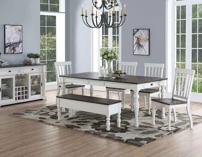 Credit: Steve Silver Co The Steve Silver Co. Joanna 6-piece dining set with bench in a modern farmhouse dining room