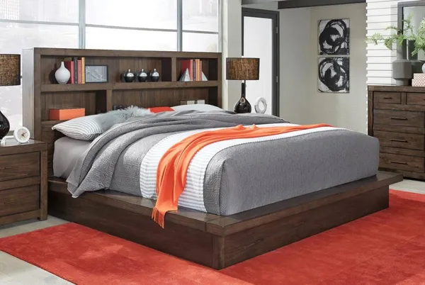 The aspenhome Modern Loft Brownhouse bookcase bed with bedding and décor 