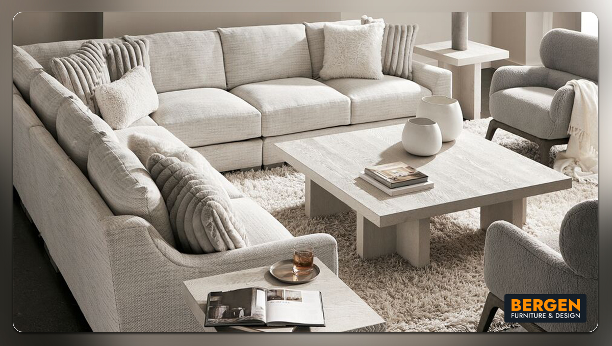 A Bergen Furniture & Design ad featuring a living room sectional sofa 
