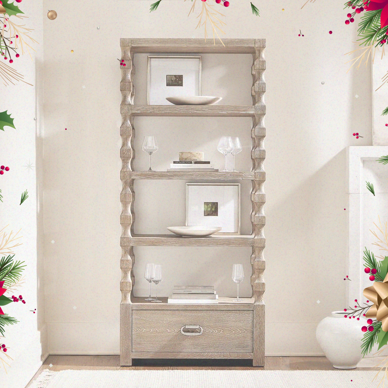 Credit: Bergen Furniture & Design A Bergen Furniture & Design holiday-themed ad featuring a shelf and decor