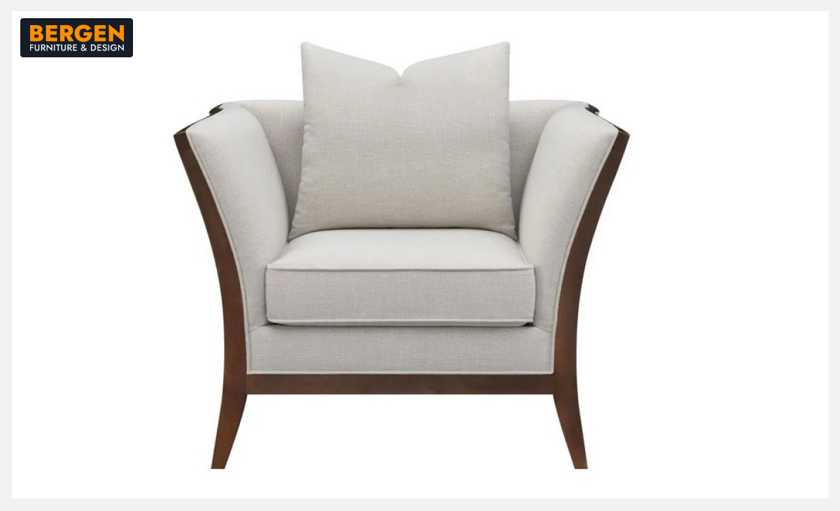 A mid century accent chair with upholstery and a wood frame