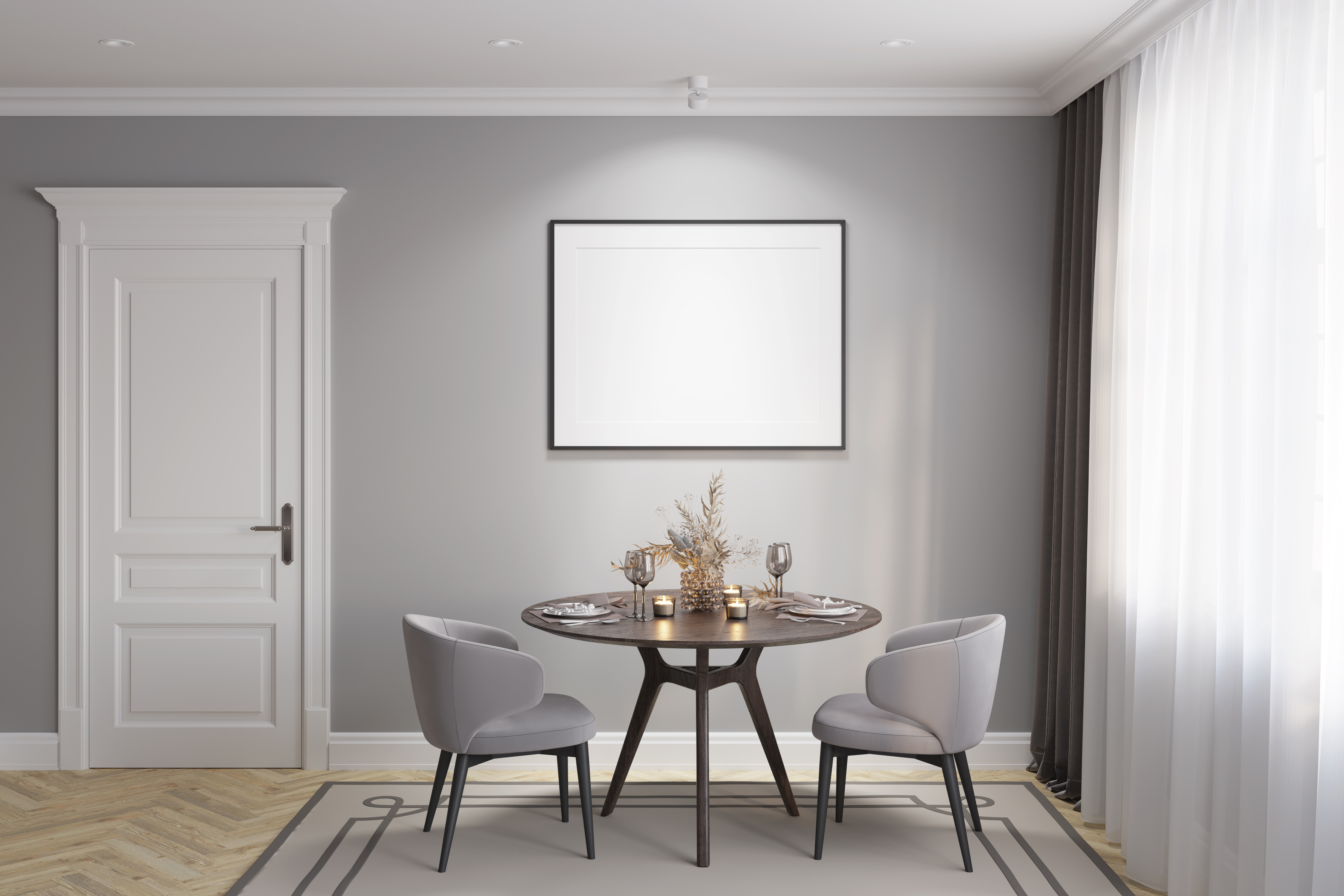A mid century modern dining room featuring gray chairs, a gray rug, and gray walls 