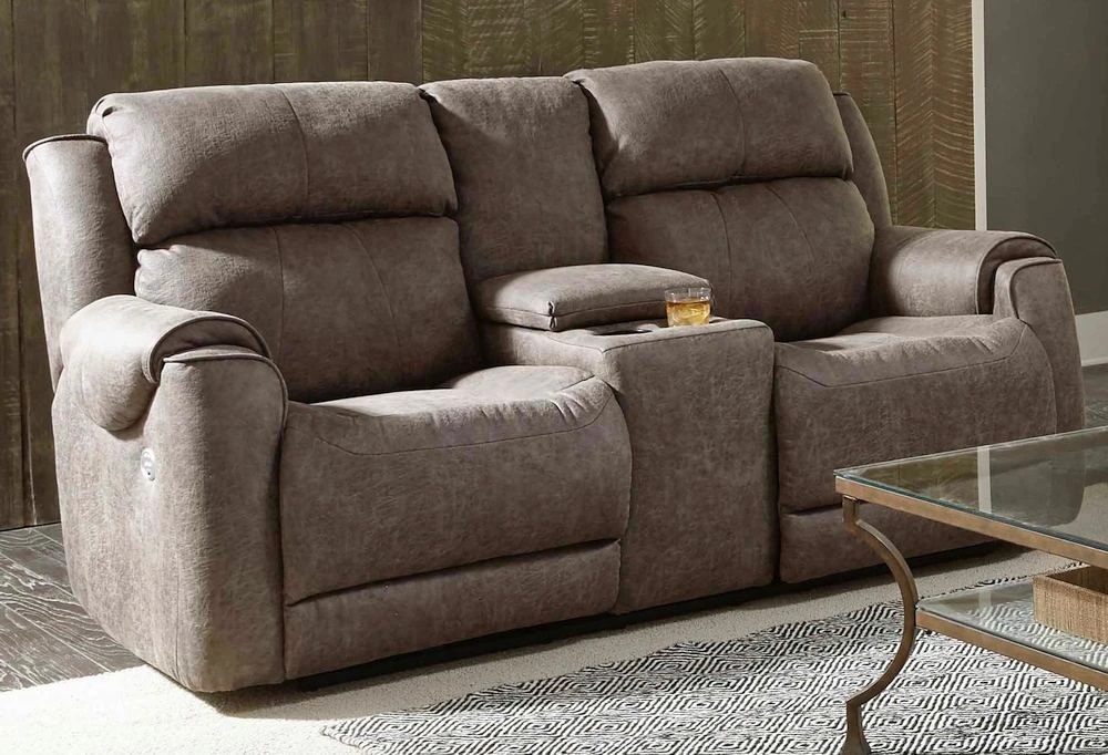 Southern Motion Safe Best power reclining loveseat with a drink in the cupholder 