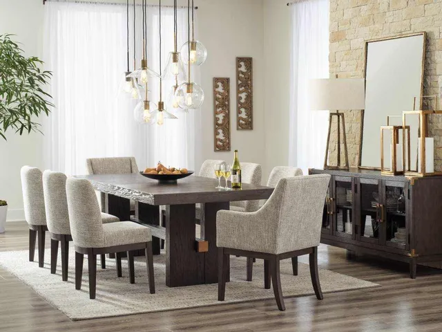 The Signature Design by Ashley Burkhaus 9-piece dining room set with mid-century modern décor 